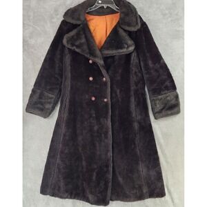 Vintage Brown Faux Fur Coat Womens Medium Long Double Breasted 60s USA